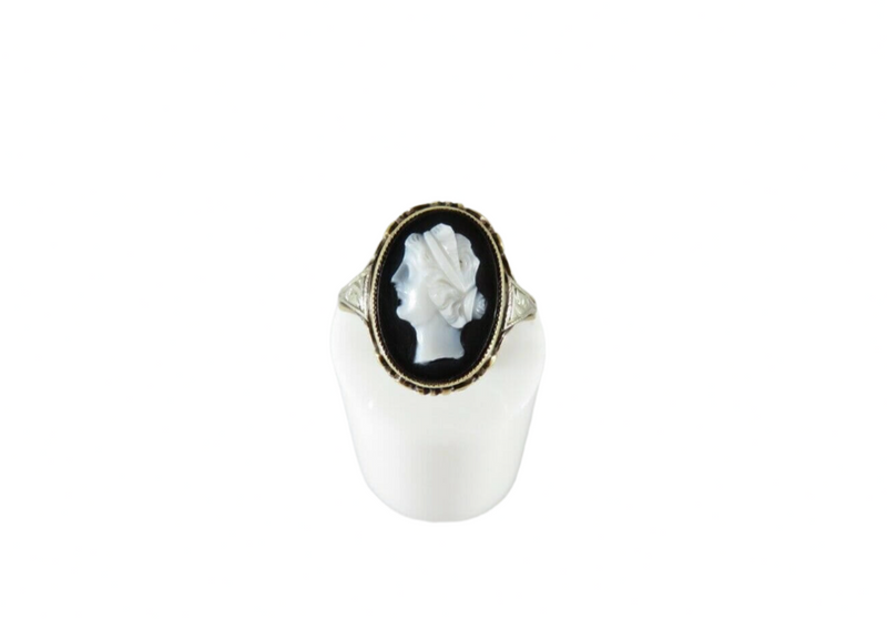 Antique Art Nouveau Carved Onyx Cameo Ring 14K Yellow White Gold Size 5.5