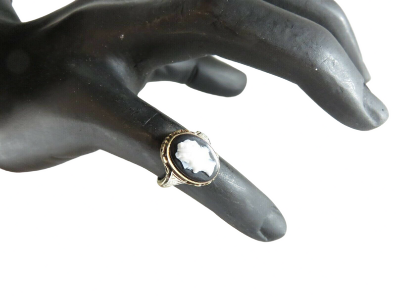 Antique Art Nouveau Carved Onyx Cameo Ring 14K Yellow White Gold On Finger