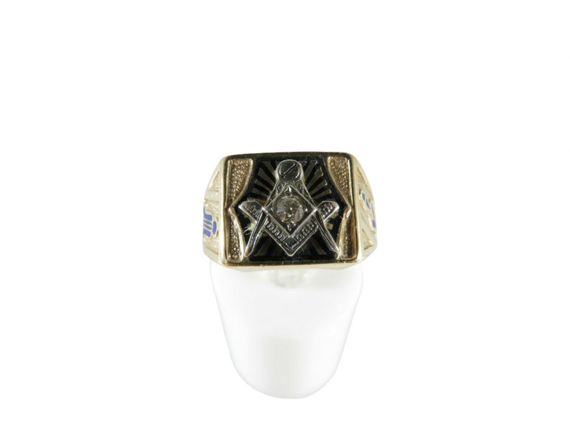 Masonic Ring 10K Gold Diamond Art Deco, Black, Blue Enamel, Old Mine Cut