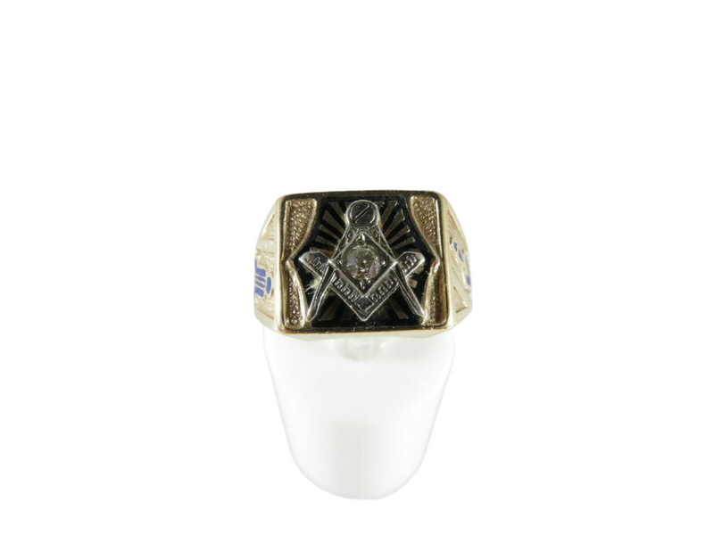 Masonic Ring 10K Gold Diamond Art Deco, Black, Blue Enamel, Old Mine Cut — Jewelry & Watches:Men's Jewelry:Rings • 10K, Gold