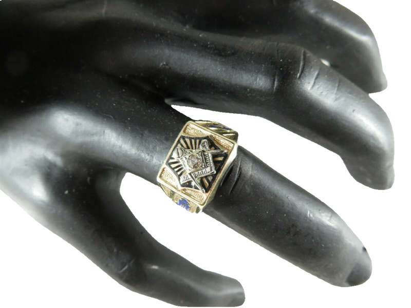 Masonic Ring 10K Gold Diamond Art Deco, Black, Blue Enamel, Old Mine Cut On Finger