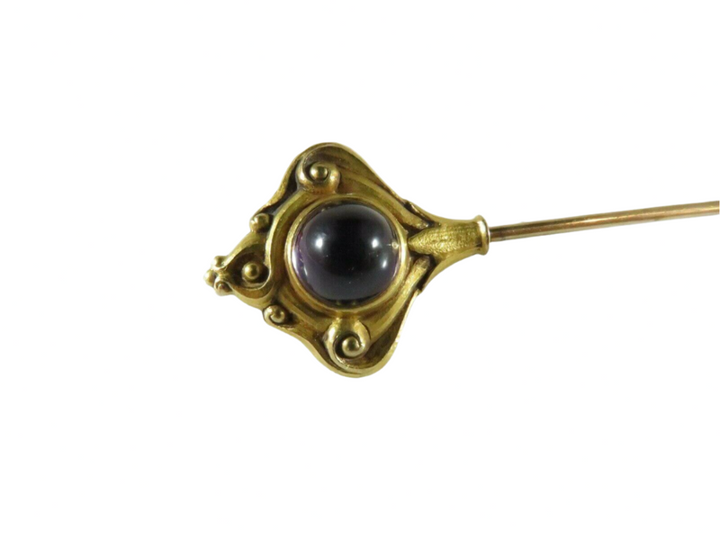 Antique 14K Etruscan Style Amethyst Cabochon Extra-Long 8" Hat Pin — Collectibles:Vanity, Perfume & Shaving:Hatpins • 14K, Go