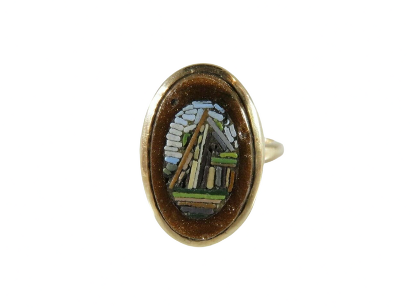 Victorian Grand Tour Souvenir 9K Gold Micro Mosaic & Goldstone Ring Size 3.25 Close Up