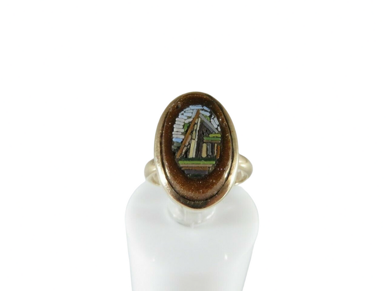 Victorian Grand Tour Souvenir 9K Gold Micro Mosaic & Goldstone Ring Size 3.25