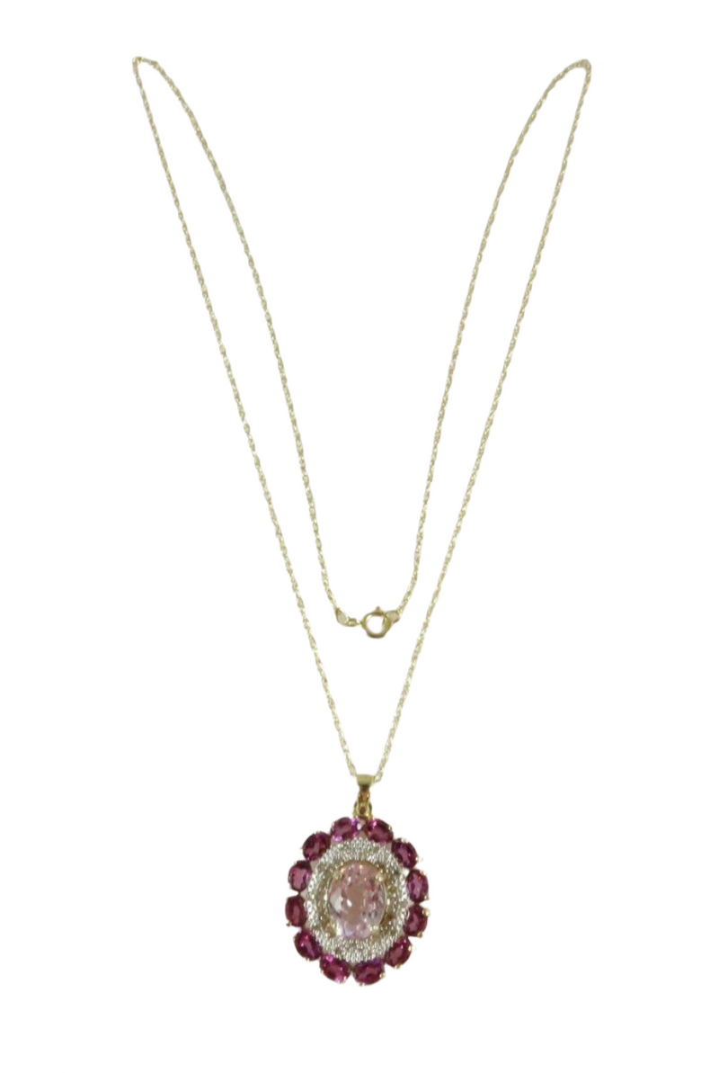 14K Gold Oval Morganite Diamond Accented Amethyst Surround Pendant & Rope Chain