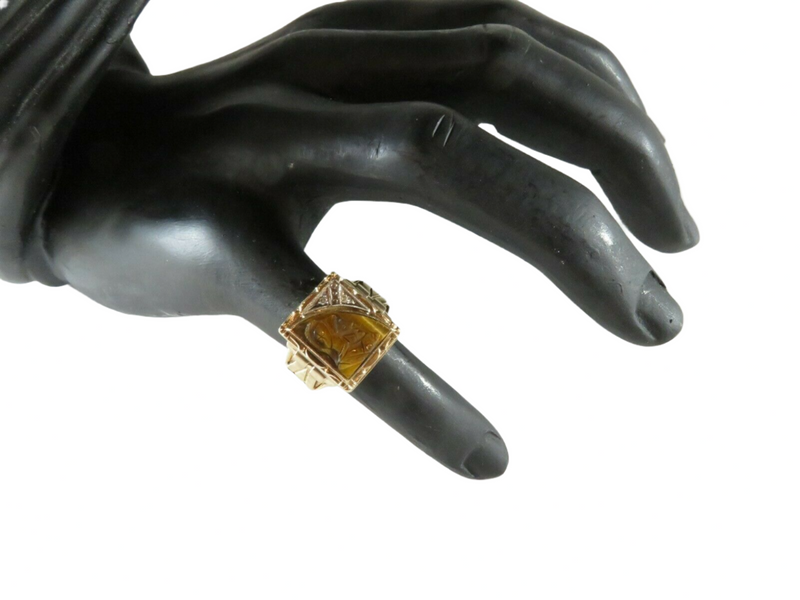 Tigers Eye Diamond Accented 10K Gold Kinsley & Son Gothic Art Deco Design On Finger