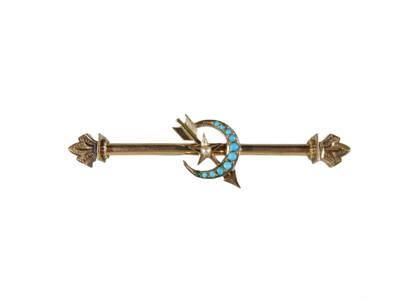 Victorian 10K Crescent Moon, Star & Arrow Seed Pearl Turquoise Collar Pin