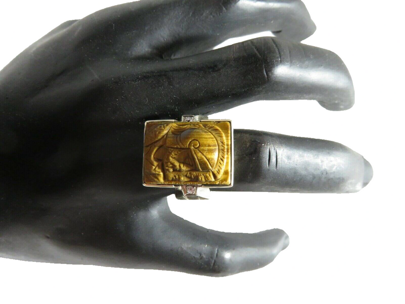 Carved Roman Soldiers In Profile 10K Gold Tigers Eye Diamond Ring Shown on Finger