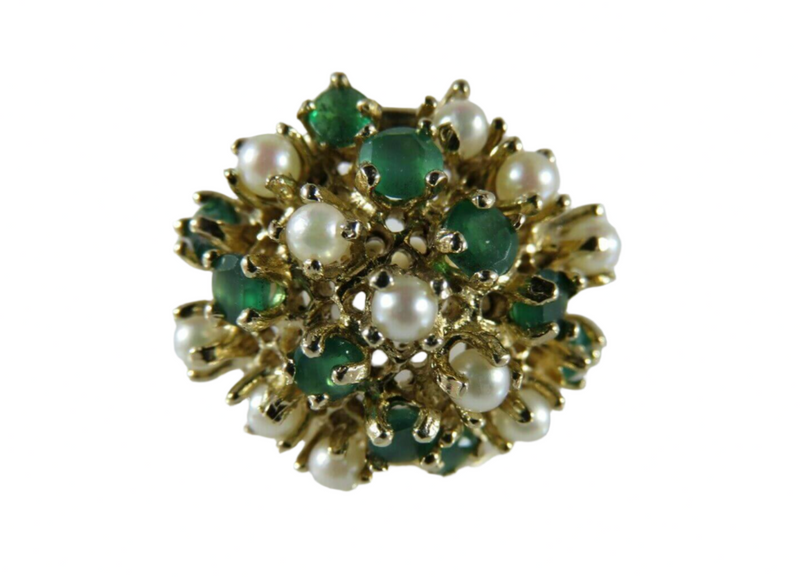 14K Gold Emerald & Cultured Pearl Mid-Century Cluster Ring Size 6 — Jewelry & Watches:Vintage & Antique Jewelry:Fine:Retro, V