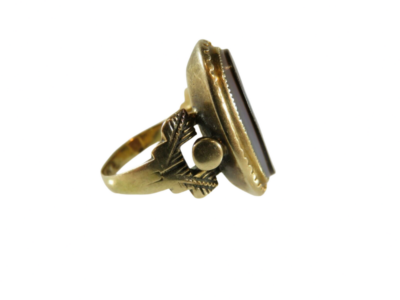 Victorian 14K Gold Uncut Hardstone Signet Ring Women Side View