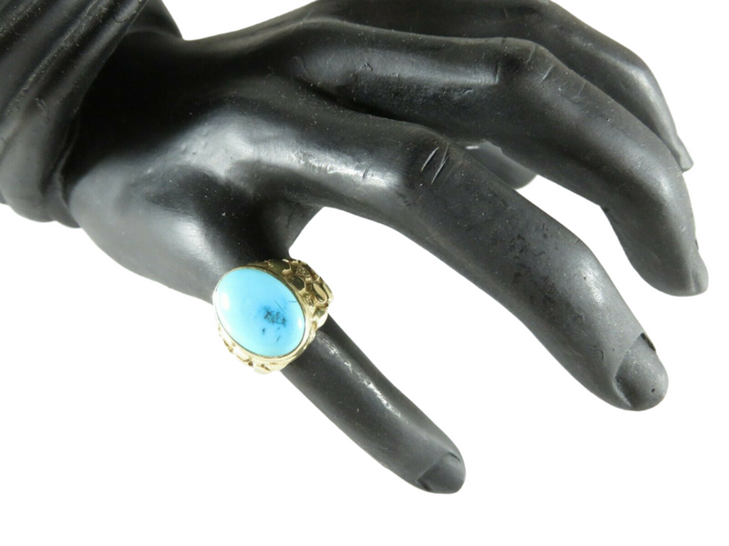 Retro 14K Turquoise Solitaire Nugget Pinky Ring Size 7 3/4 Hallmarked 14K GSI on Finger