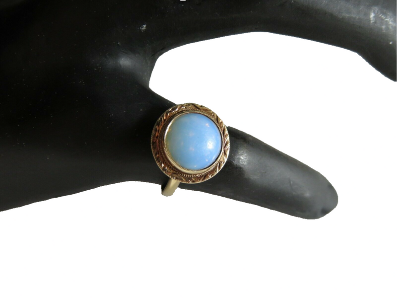 Rare Victorian 14K Rose Gold Blue Orange Opalescent Glass Ring Showing Blue Color