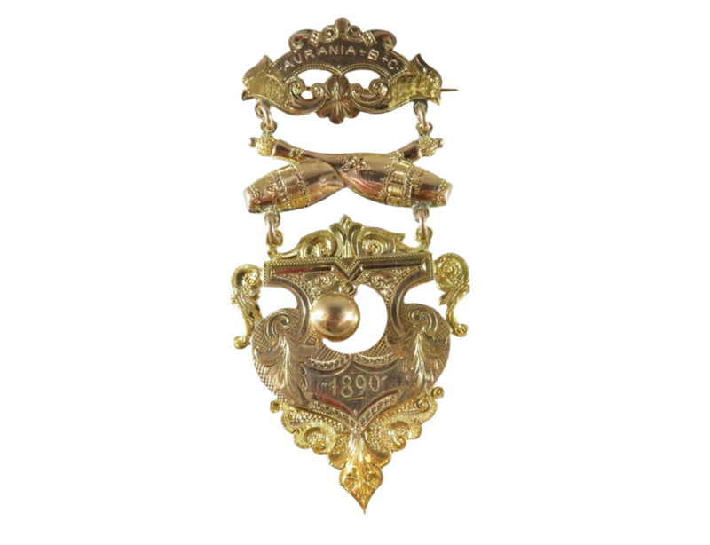 1890 Aurania B.C. Indian Clubs Victorian Gold Award Medal – 9.8K Rose & Yellow Gold — Coins & Paper Money:Exonumia:Medals • G