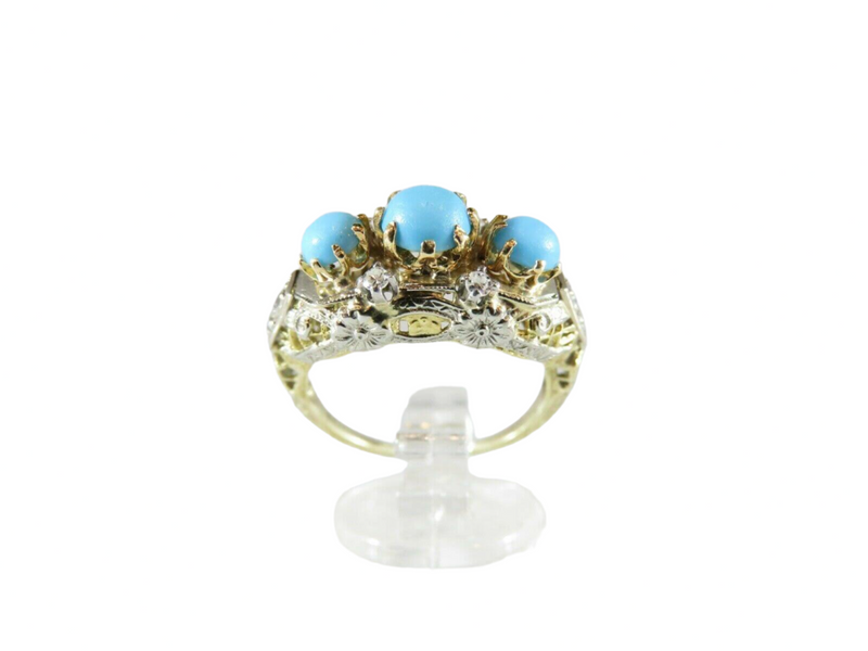 Antique 14K Yellow White Filigree Turquoise Diamond Art Nouveau Ring Size 4.75 Setting View