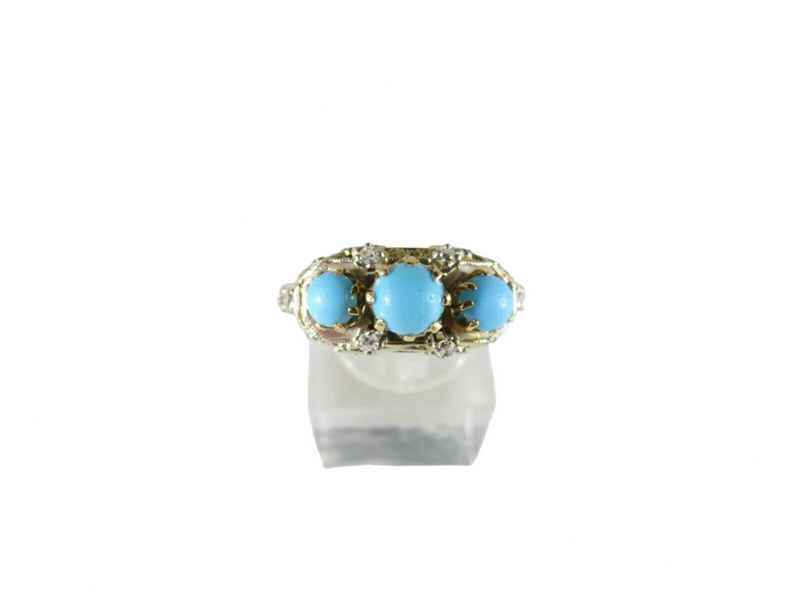 Antique 14K Yellow White Filigree Turquoise Diamond Art Nouveau Ring Size 4.75 Top View