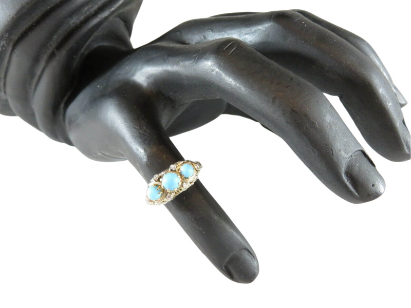 Antique 14K Yellow White Filigree Turquoise Diamond Art Nouveau Ring Size 4.75 shown on hand