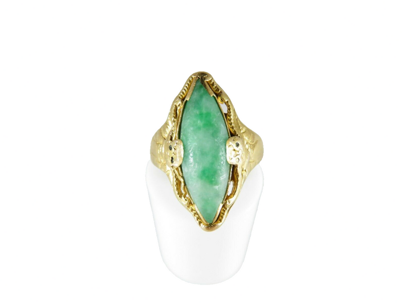 Solid Antique 20K Gold Navette Green White Nephrite Jade Ring Size 5 1/2