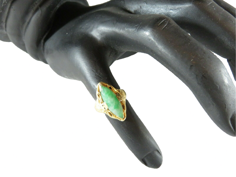 Solid Antique 20K Gold Navette Green White Nephrite Jade Ring Size 5 1/2 On Finger