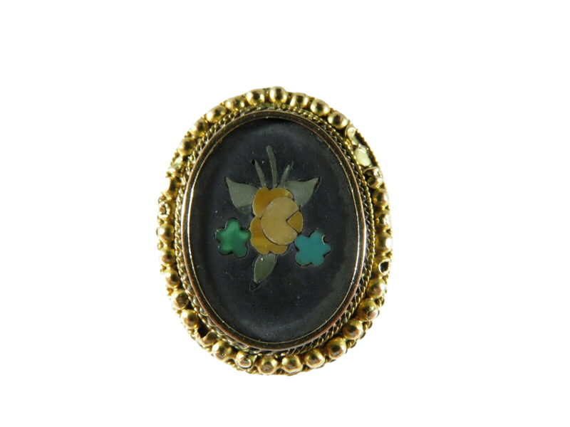 Antique 18K Top 9K Shank Pietra Dura Floral Oval Ring, Brooch Conversion, Large Sz 7.5 — Jewelry & Watches:Vintage & Antique