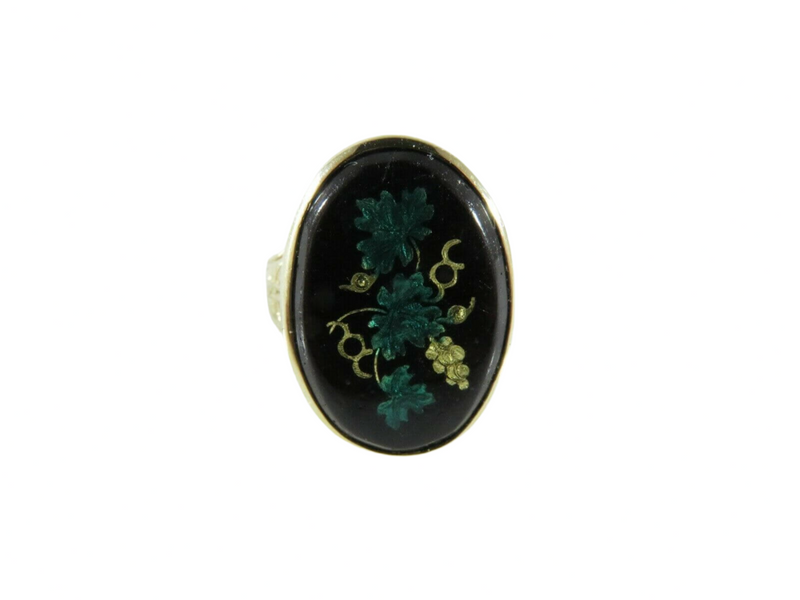 Antique 14K Statement Ring Enameled Leaf Grape Design with Chamfered Band Top View