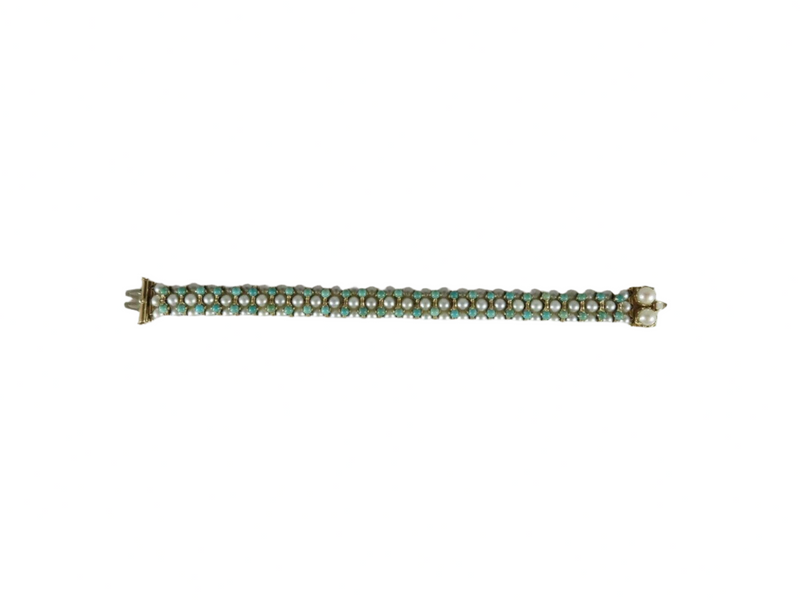 Beautiful 83 Pearl 52 Turquoise 7" TL Bracelet 14K Yellow Gold Setting 33.4 Gram Stretched Out