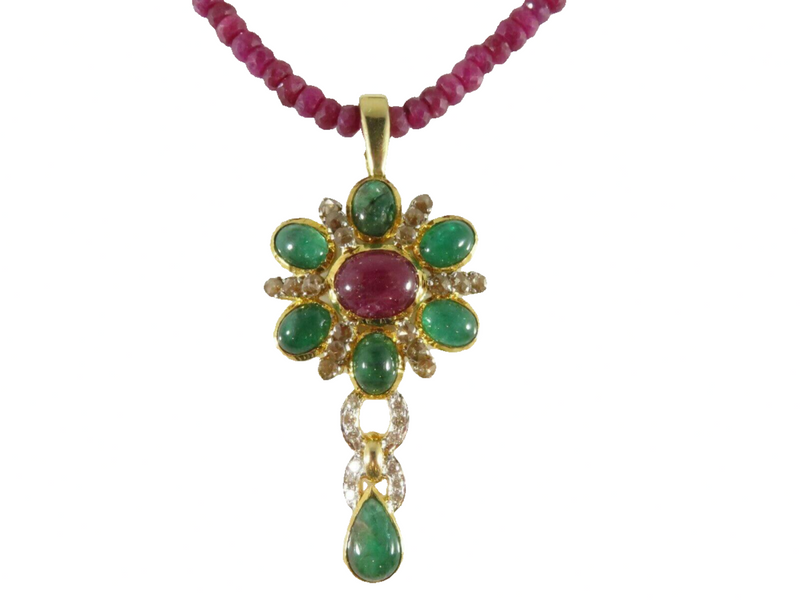 18K Gold 30 Diamond 6 Emerald & Ruby Enhancer With Custom Ruby Necklace