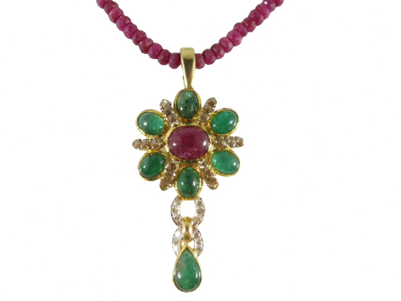 18K Gold Ruby Emerald Diamond Enhancer Pendant with Ruby Bead Necklace 15.5" — Jewelry & Watches:Fine Jewelry:Fine Necklaces