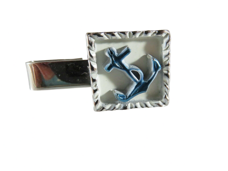 Anchor Tie Clip Tie Bar Clasp Vintage Blue White Enameled Silver Metal
