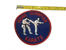 Vintage Red White & Blue "Young Olympian Karate" Martial Arts Patch 4" Diameter product image for Just Stuff I Sell, clear front view, neutral background, original listing photo, optimized descriptive alt text, centered composition