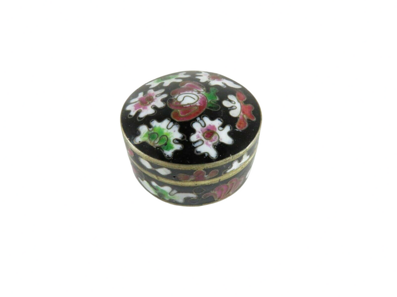 Cloisonne Brass & Enamel Floral Trinket Snuff Box Black White Pink Green Hinged