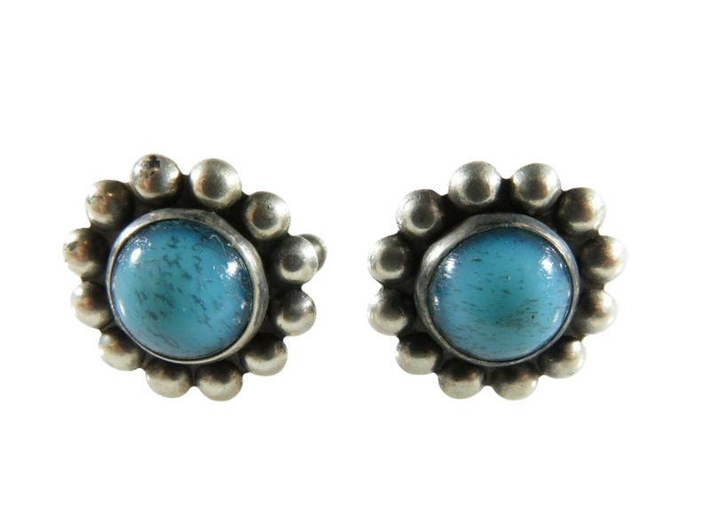 Vintage Southwestern Blue Glass Sterling Flower Screwback Earrings Taxco Style