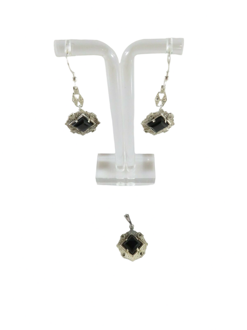 Sterling Silver Onyx Marcasite Accented Dangle Earrings With Matched Pendant