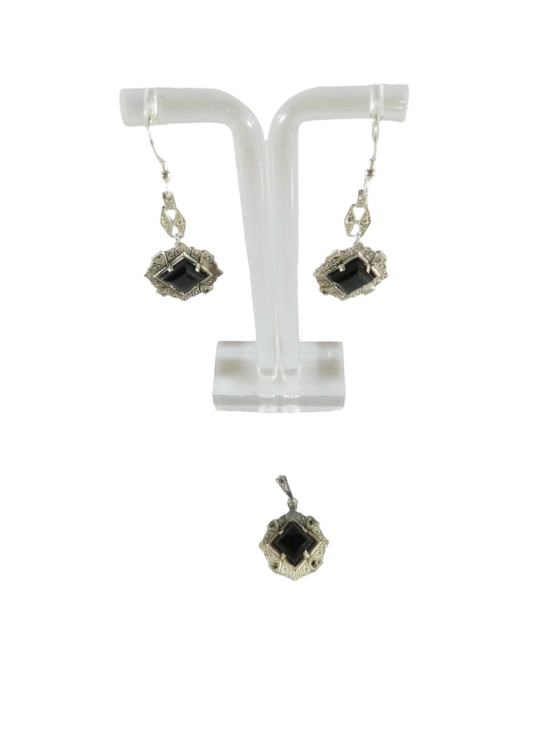 Sterling Silver Onyx Marcasite Accented Dangle Earrings With Matched Pendant — Jewelry & Watches:Fine Jewelry:Fine Earrings:G