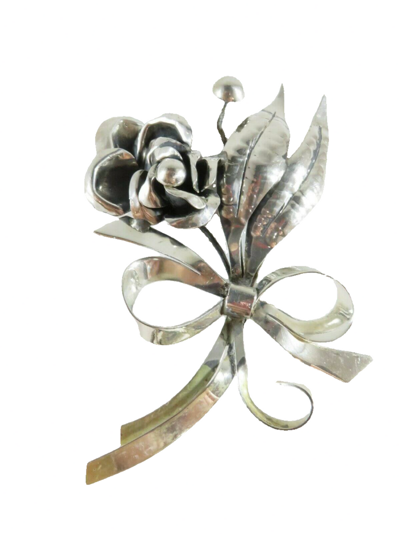 Large 4" Artisan Sterling Silver Flower Spray Brooch with Ribbon Bow, Handwrought, Unpolished for Clean Up — Jewelry & Watche