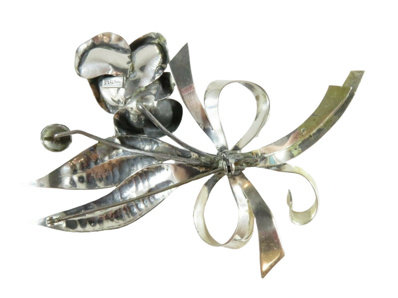 Large Artisan Sterling Silver Flower Brooch for Clean Up 4" H x 3 1/2" Wide Bottom View