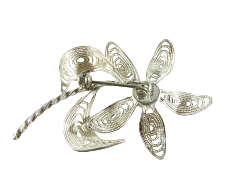 Lovely Sterling Silver Wire Filigree Twisted Wire Brooch Faceted Hematite Stone Back View