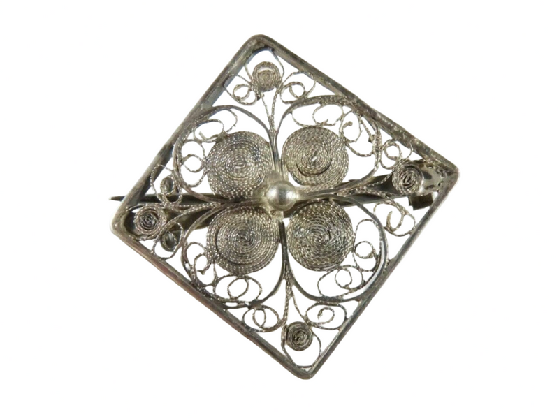 Diamond Form Scarf Pin Pierced Filigree 800 Silver Pin Brooch 1 1/4" 3.5g Front View