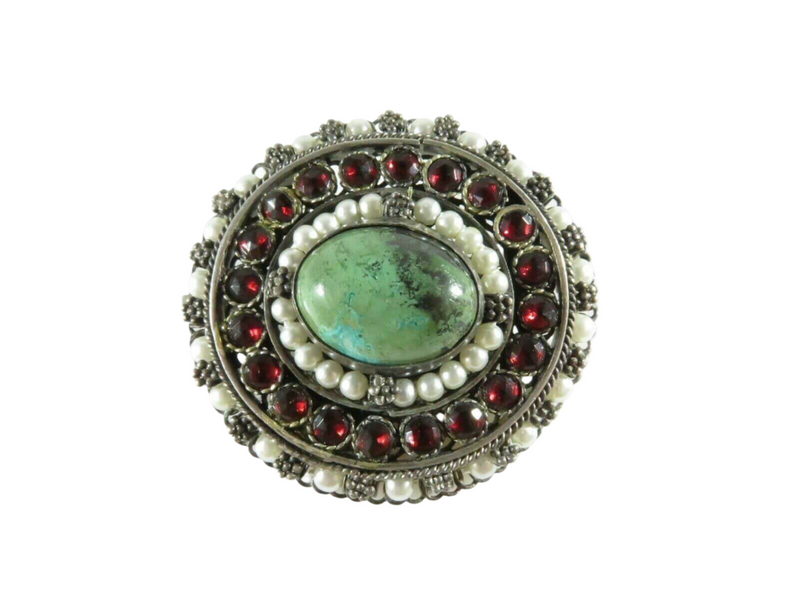 Costume Brooch Pendant Rose Cut Paste, Hardstone, Pearl Surround Fancy Filigree Front View