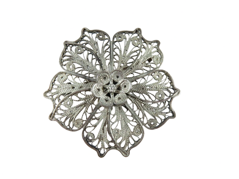 Large 830 Silver 1 7/8" Floral Filigree Brooch in Sterling Silver Front View