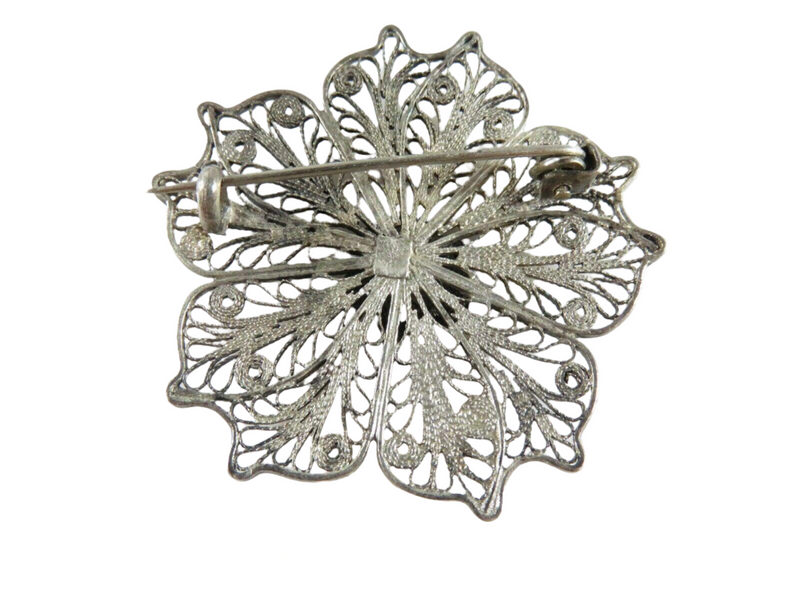 Large 830 Silver 1 7/8" Floral Filigree Brooch in Sterling Silver Back View