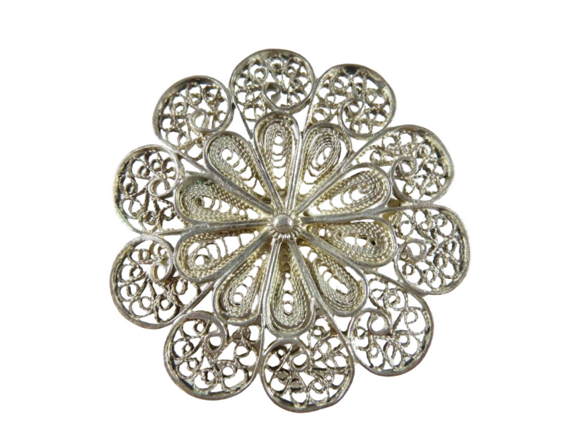Lovely Sterling Silver Fine Filigree Brooch 1 1/2" S.92 Front View