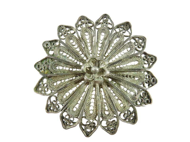 Old Sterling Silver Fancy Filigree Flower Brooch 1 1/2" — Jewelry & Watches:Fine Jewelry:Fine Pins & Brooches:Precious Metal