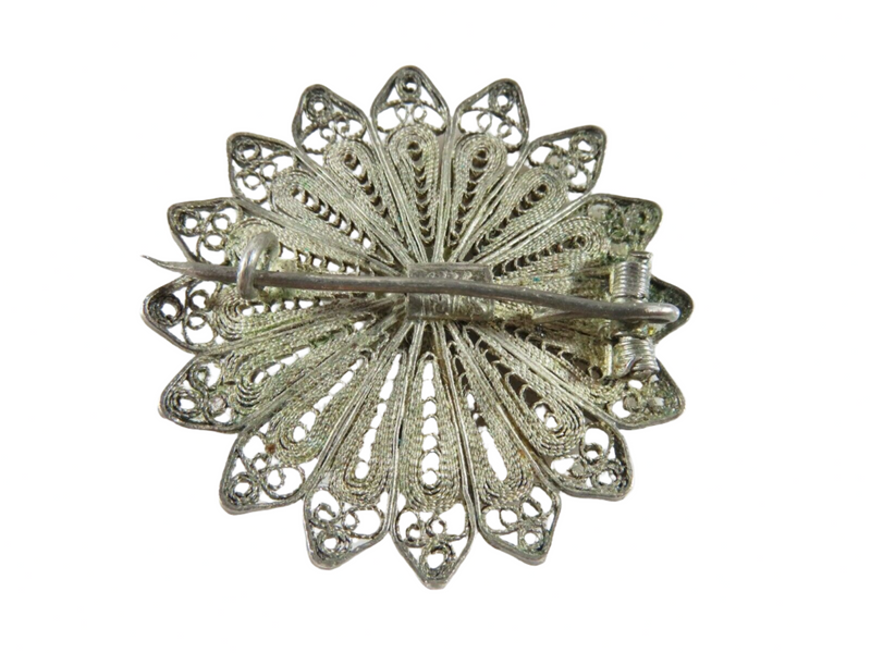 Antique Sterling Silver Filigree Middle Eastern Flower Brooch 1 1/2" Back View