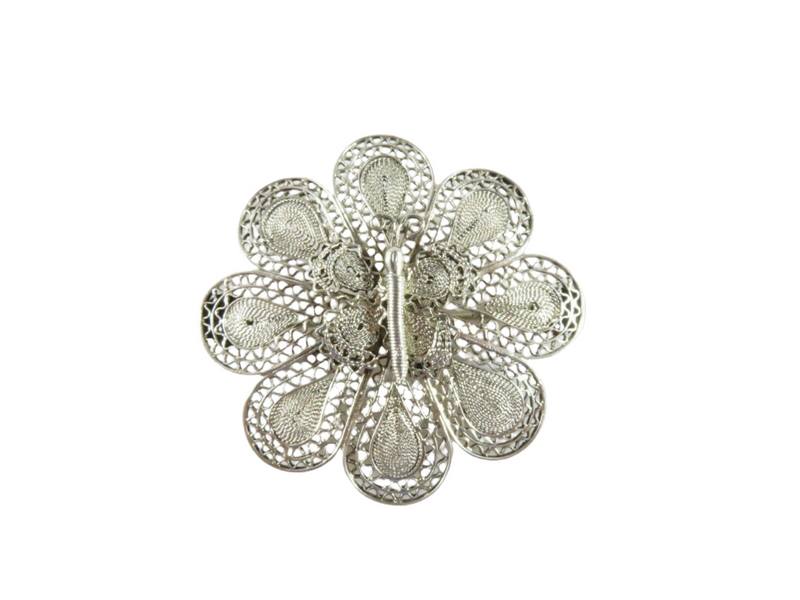 Unusual Lovely 800 Silver Filigree Flower Brooch with Butterfly in the Center — Jewelry & Watches:Fine Jewelry:Fine Pins & Br