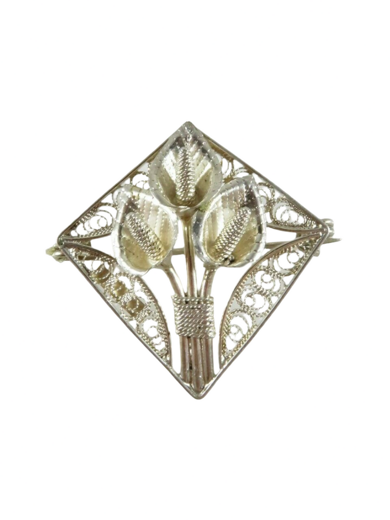 Vintage Diamond Shaped Sterling Silver Pierced Filigree Calla Lily Brooch Front View