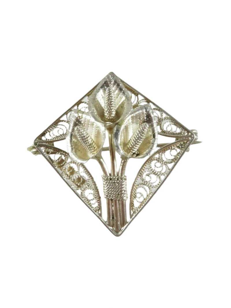 Vintage Diamond Shaped Sterling Silver Pierced Filigree Calla Lily Brooch — Jewelry & Watches:Fine Jewelry:Fine Pins & Brooch
