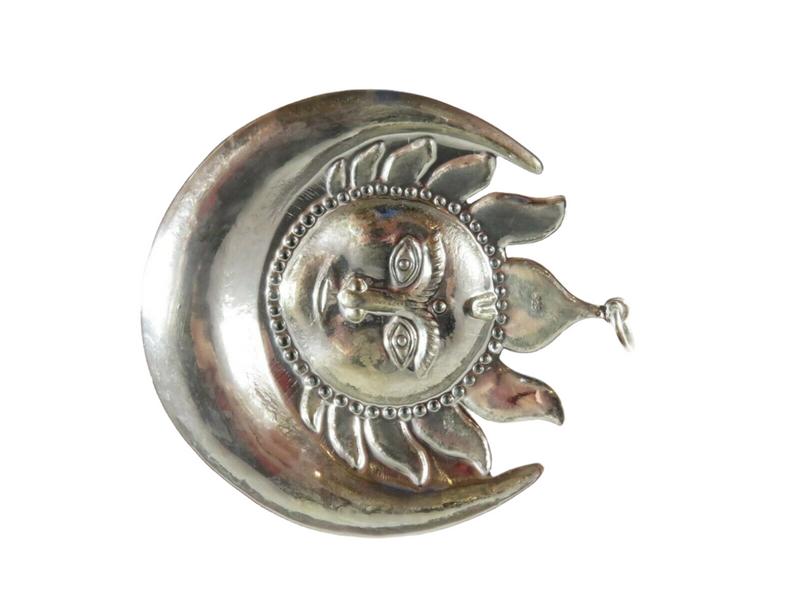 Vintage Large Sterling Silver Tibetan Buddhism Sun God Pendant 3" x 2 7/8" rear view