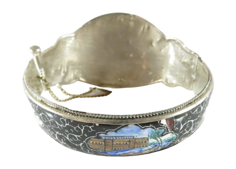  Persian Enamel Silver Bangle Scenic Floral Vintage 1930's Cuff Bottom View