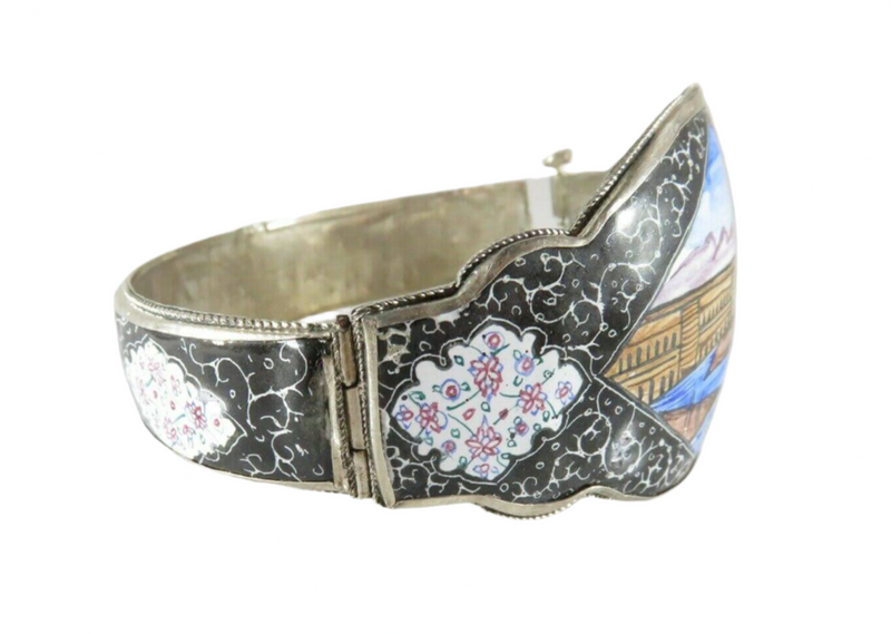  Persian Enamel Silver Bangle Scenic Floral Vintage 1930's Cuff Hinge View