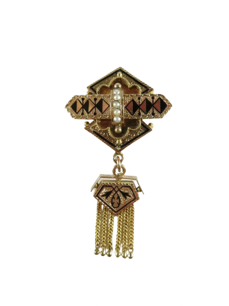 10K Gold Victorian Necklace Watch Slide with Seed Pearls, Enamel & Chain Dangles